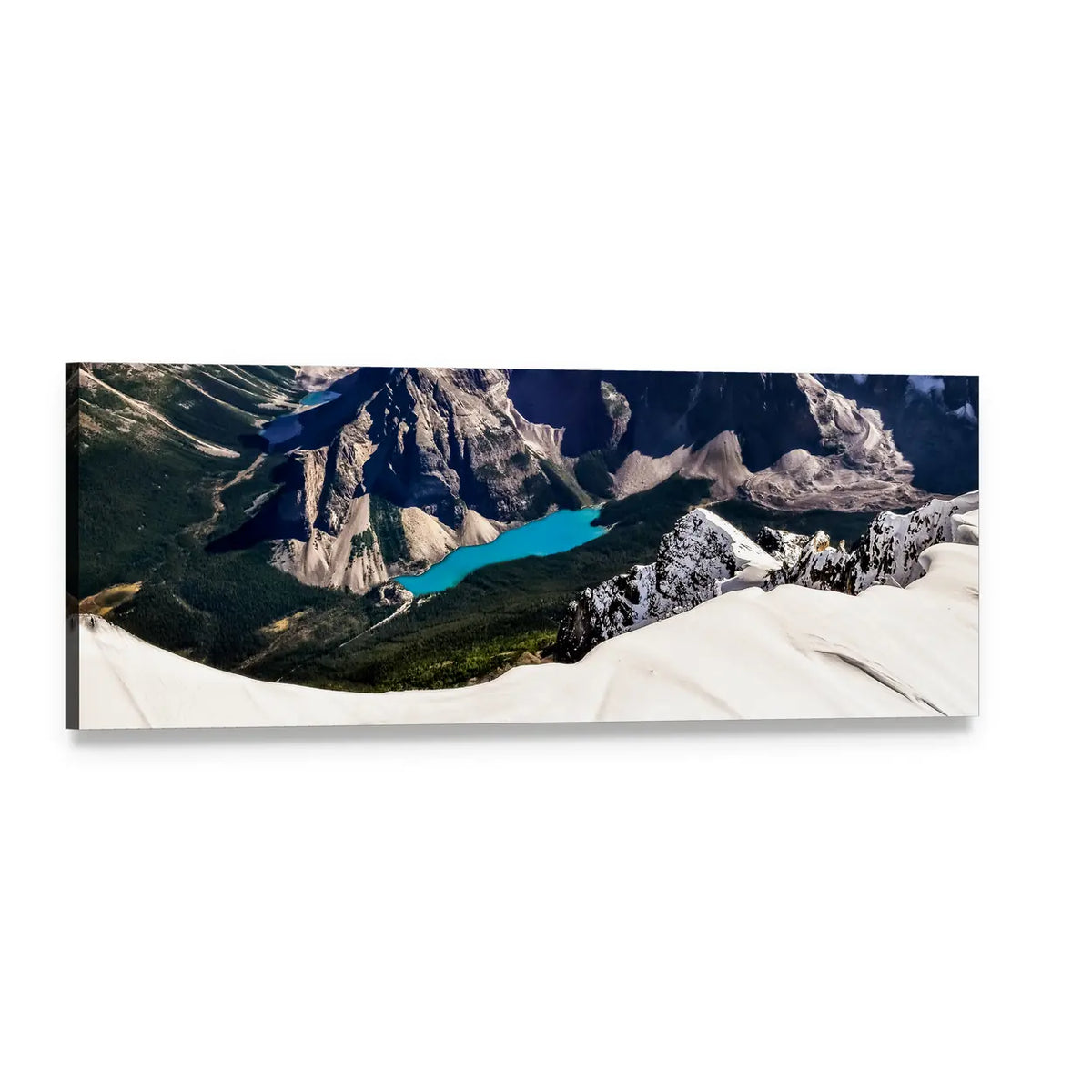 Mt Temple Turquoise Glacial Lake Panoramic Canvas Wall Art, single panel gallery wrapped canvas, angled product view