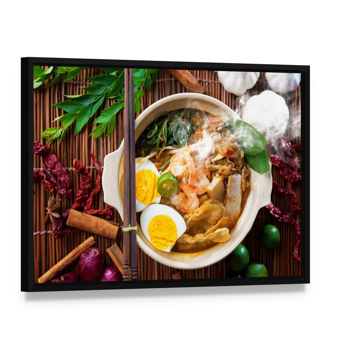 Popular Malaysian Food Canvas Wall Art, framed canvas in a black floater frame, angled product view