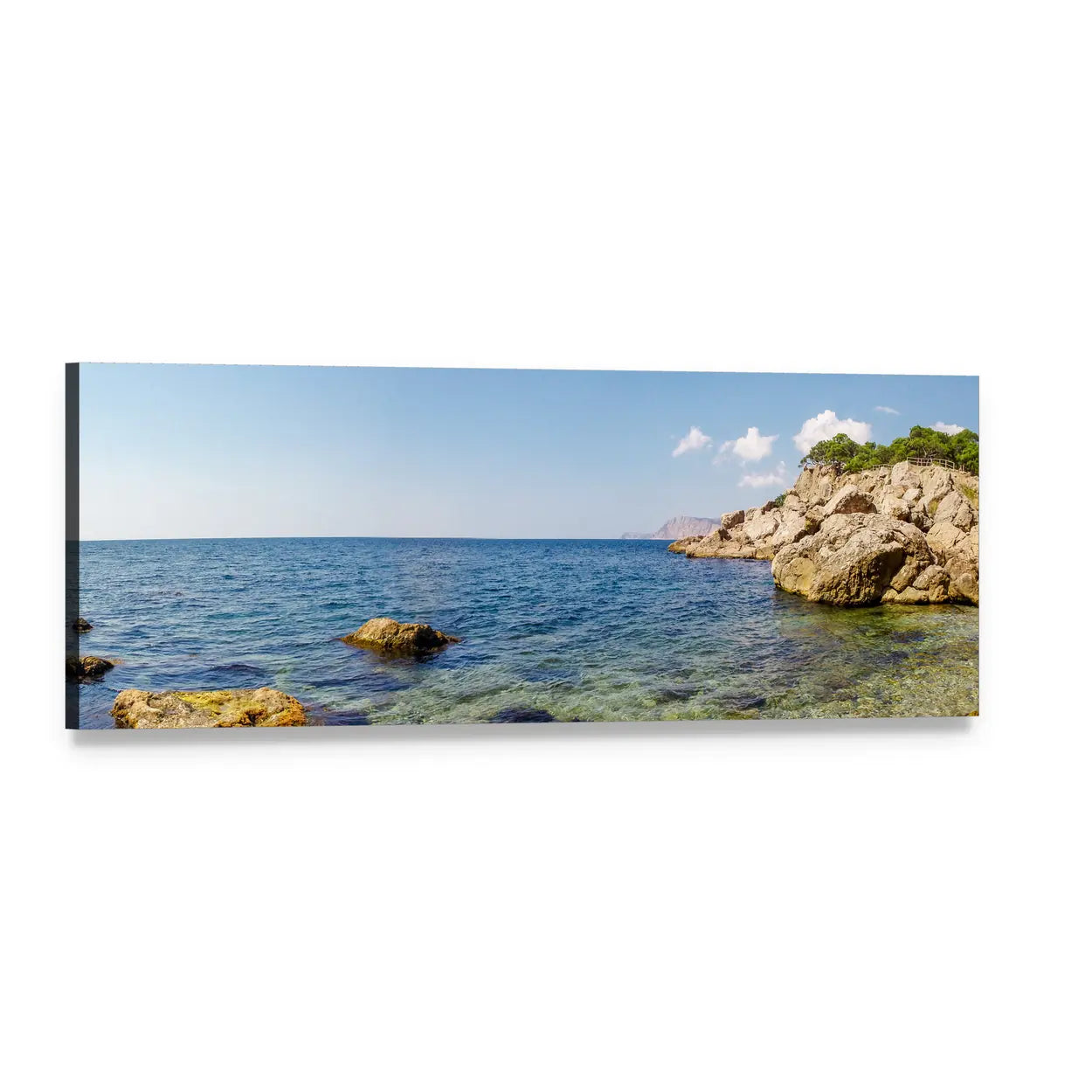 Rocky Coastline with Turquoise Water Panoramic Canvas Wall Art, single panel gallery wrapped canvas, angled product view