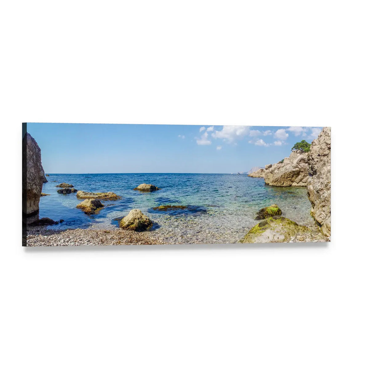 Pebble Beach with Turquoise Water and Cliffs Panoramic Canvas Wall Art, single panel gallery wrapped canvas, angled product view