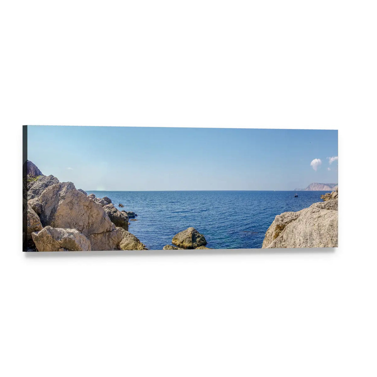 Horizon Over Rocky Coast Panoramic Canvas Wall Art, single panel gallery wrapped canvas, angled product view