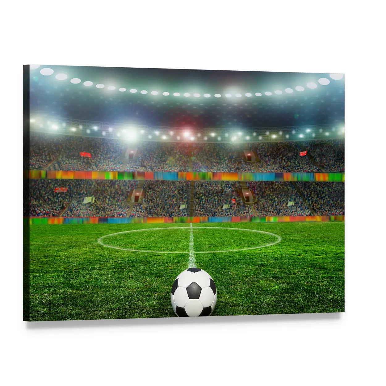 Soccer Ball in Stadium Canvas Wall Art, single panel gallery wrapped canvas, angled product view