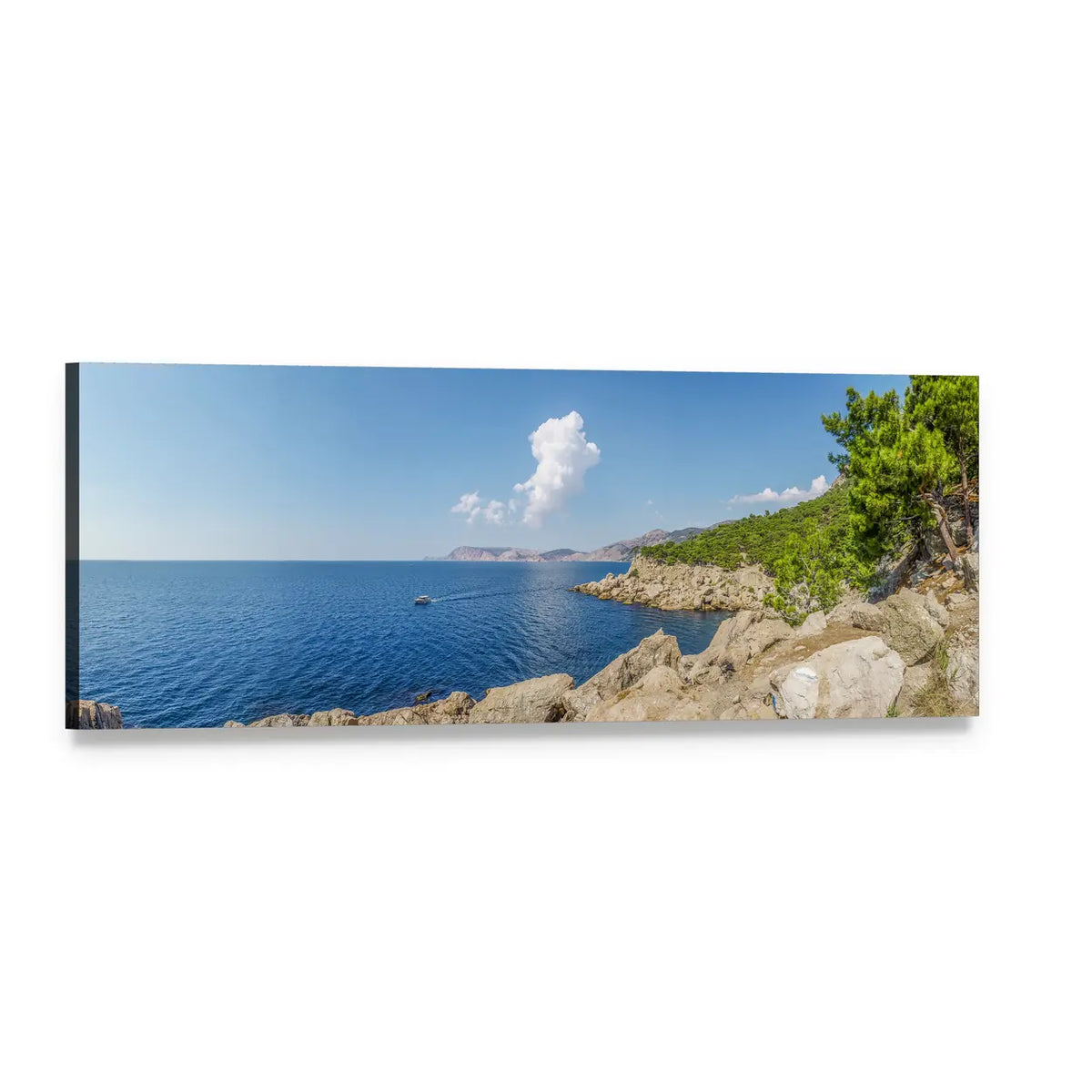 Seascape View in Crimea with Small Boat Panoramic Canvas Wall Art, single panel gallery wrapped canvas, angled product view