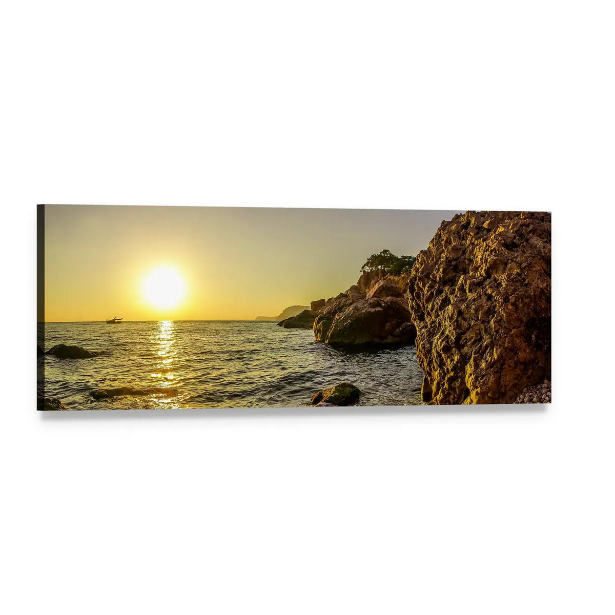 Golden Sunset Over Rocky Coastline Panoramic Canvas Wall Art, single panel gallery wrapped canvas, angled product view
