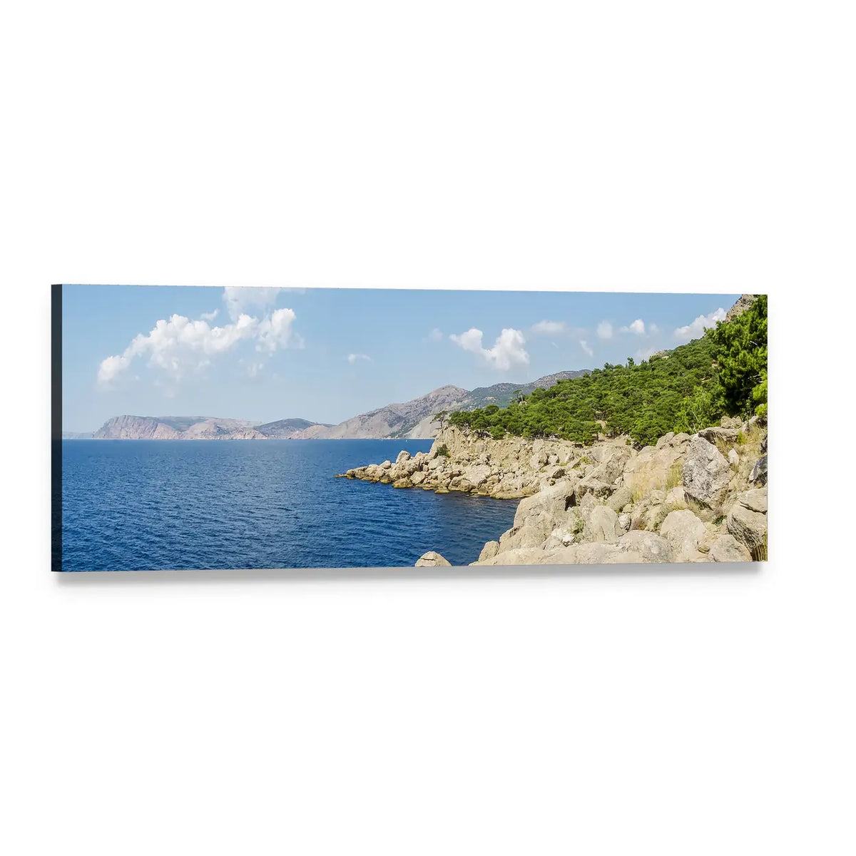 Summer Coastal Cliffs and Calm Blue Sea Panoramic Canvas Wall Art, single panel gallery wrapped canvas, angled product view