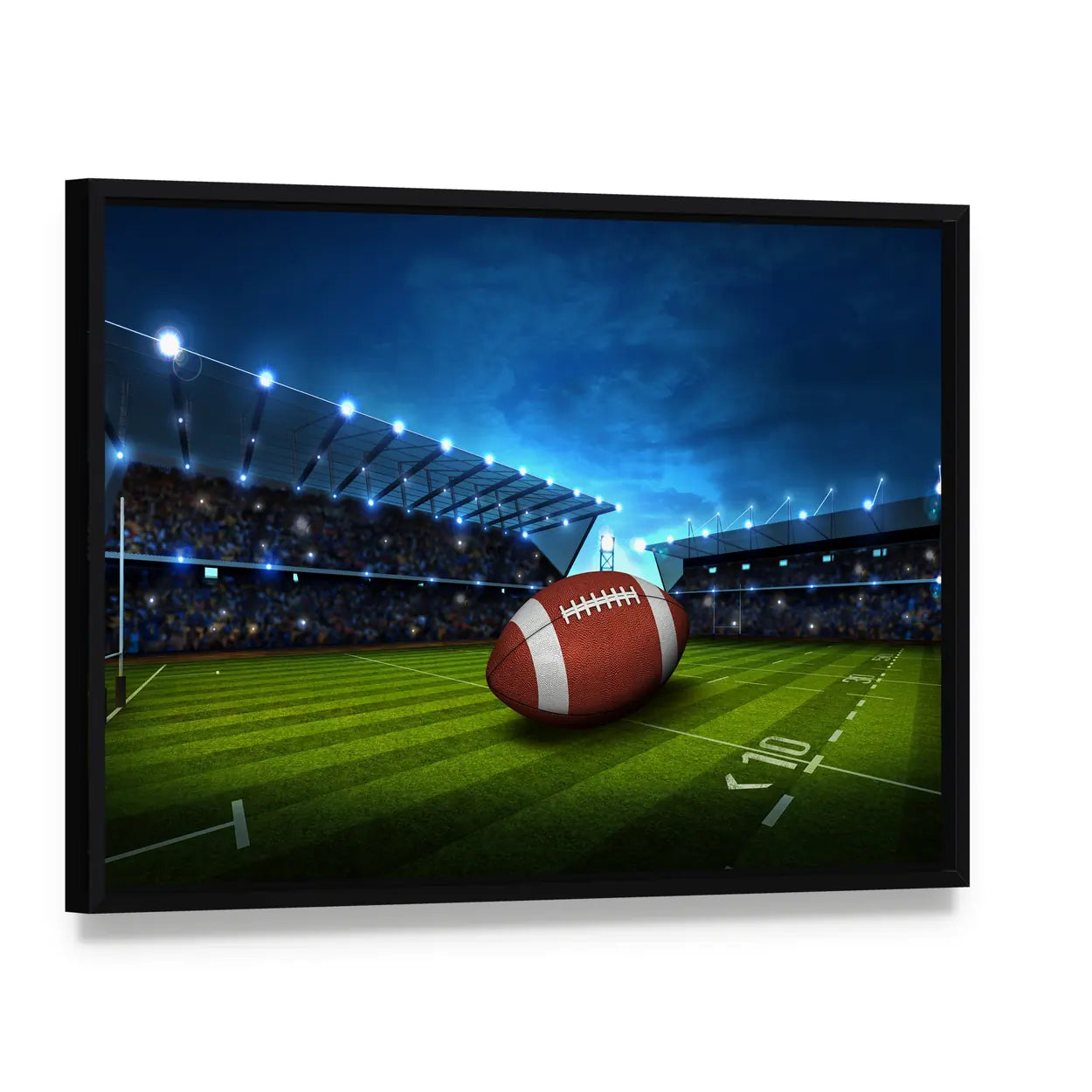 Green Football Stadium Canvas Wall Art, framed canvas in a black floater frame, angled product view