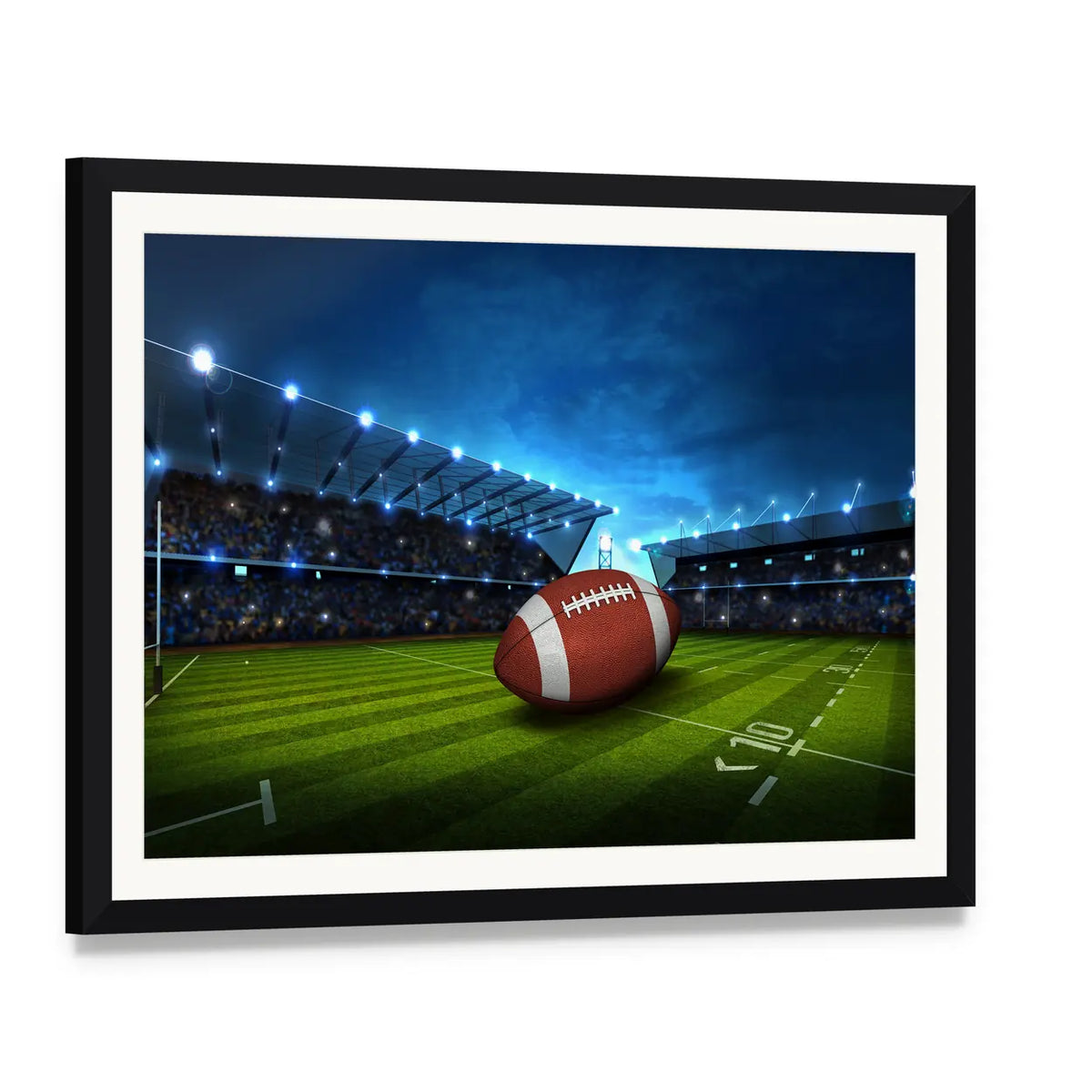 Green Football Stadium Canvas Wall Art, framed print with white mat and black frame, angled product view