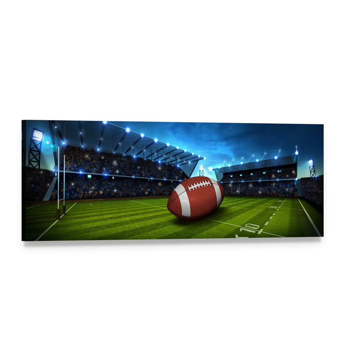 Green Football Stadium Under Floodlights Panoramic Canvas Wall Art, single panel gallery wrapped canvas, angled product view