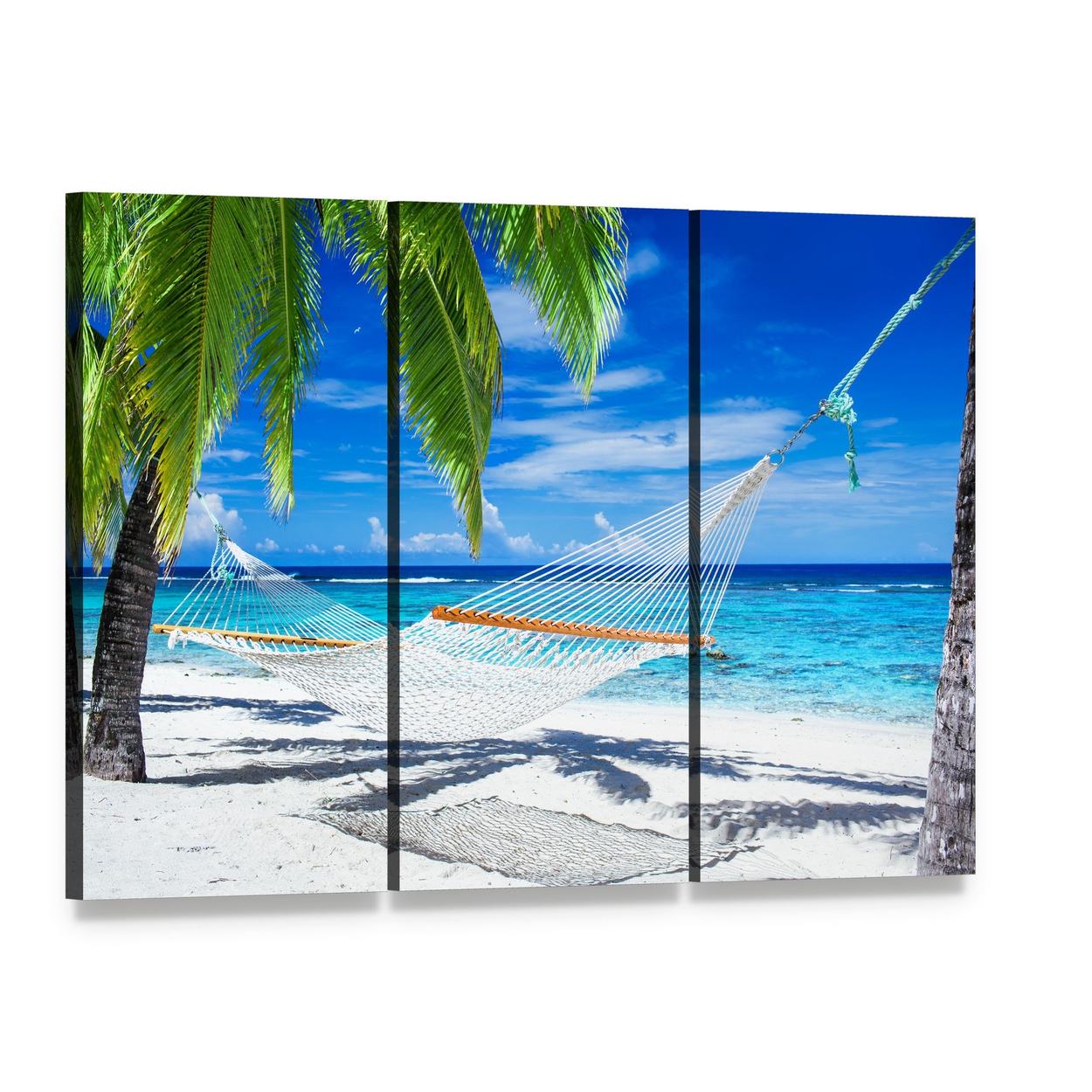White Hammocks Between Palm Trees Canvas Wall Art, 3 panel 3 Horizontal layout gallery wrapped canvas set, angled product view