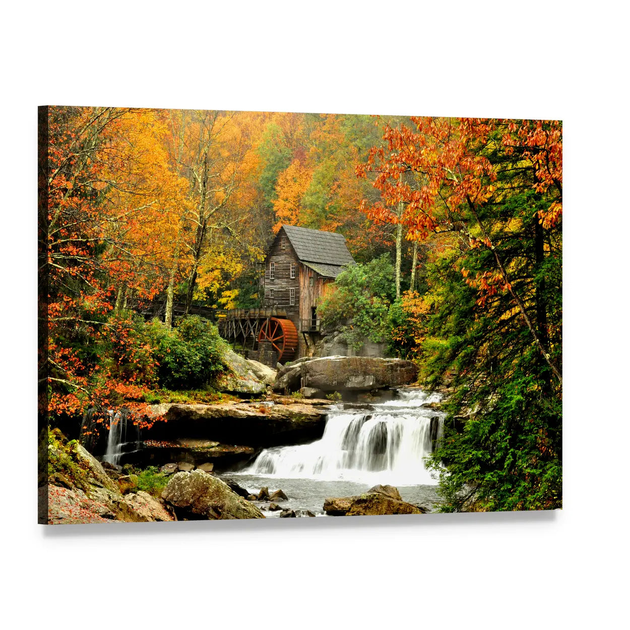 Old Mill and Waterfall Canvas Wall Art, single panel gallery wrapped canvas, angled product view