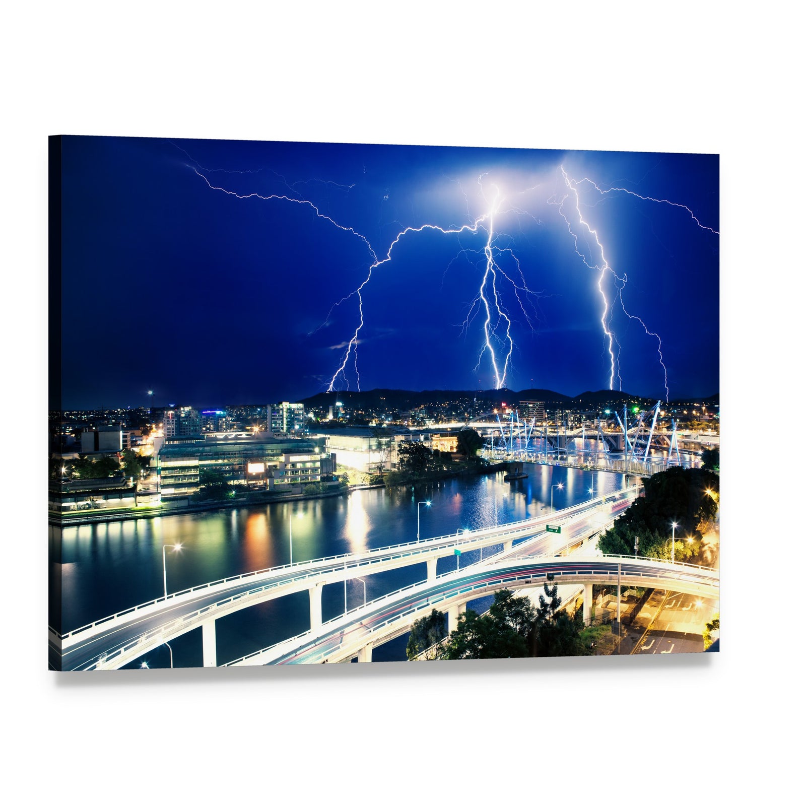 Lightning Over City River Canvas Wall Art, single panel gallery wrapped canvas, angled product view