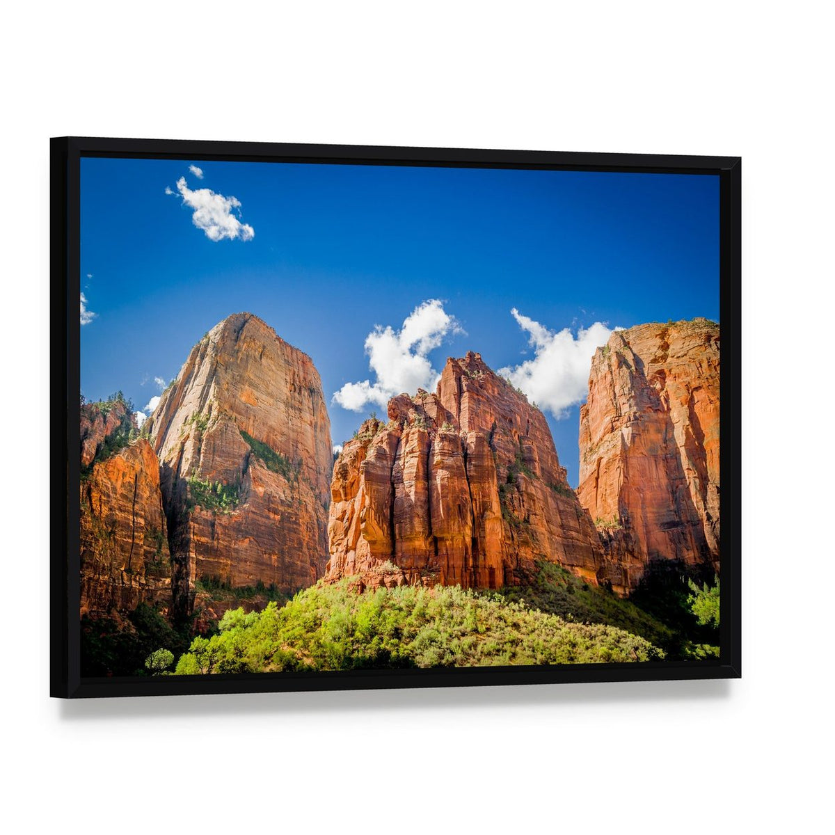 Three Patriarchs Zion National Park Canvas Wall Art, framed canvas in a black floater frame, angled product view