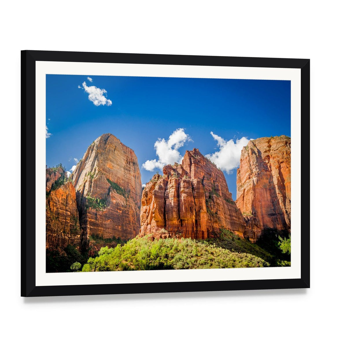 Three Patriarchs Zion National Park Canvas Wall Art, framed print with white mat and black frame, angled product view