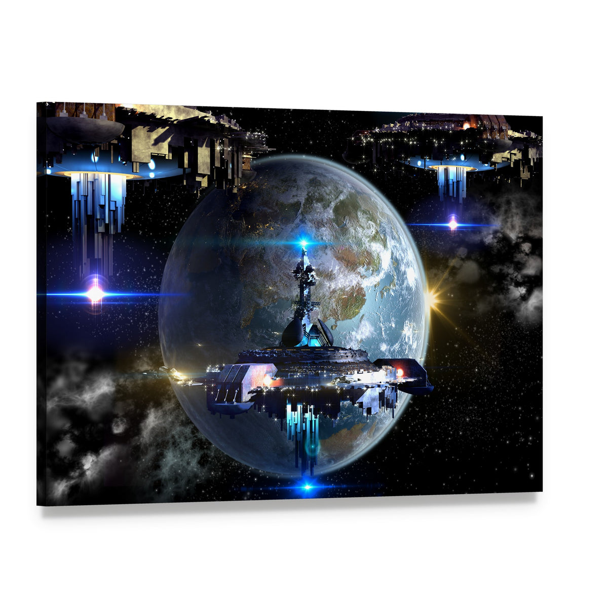 Alien Spaceship Moving Near Earth Canvas Wall Art, single panel gallery wrapped canvas, angled product view
