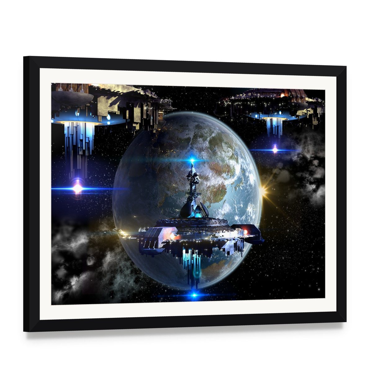 Alien Spaceship Moving Near Earth Canvas Wall Art, framed print with white mat and black frame, angled product view