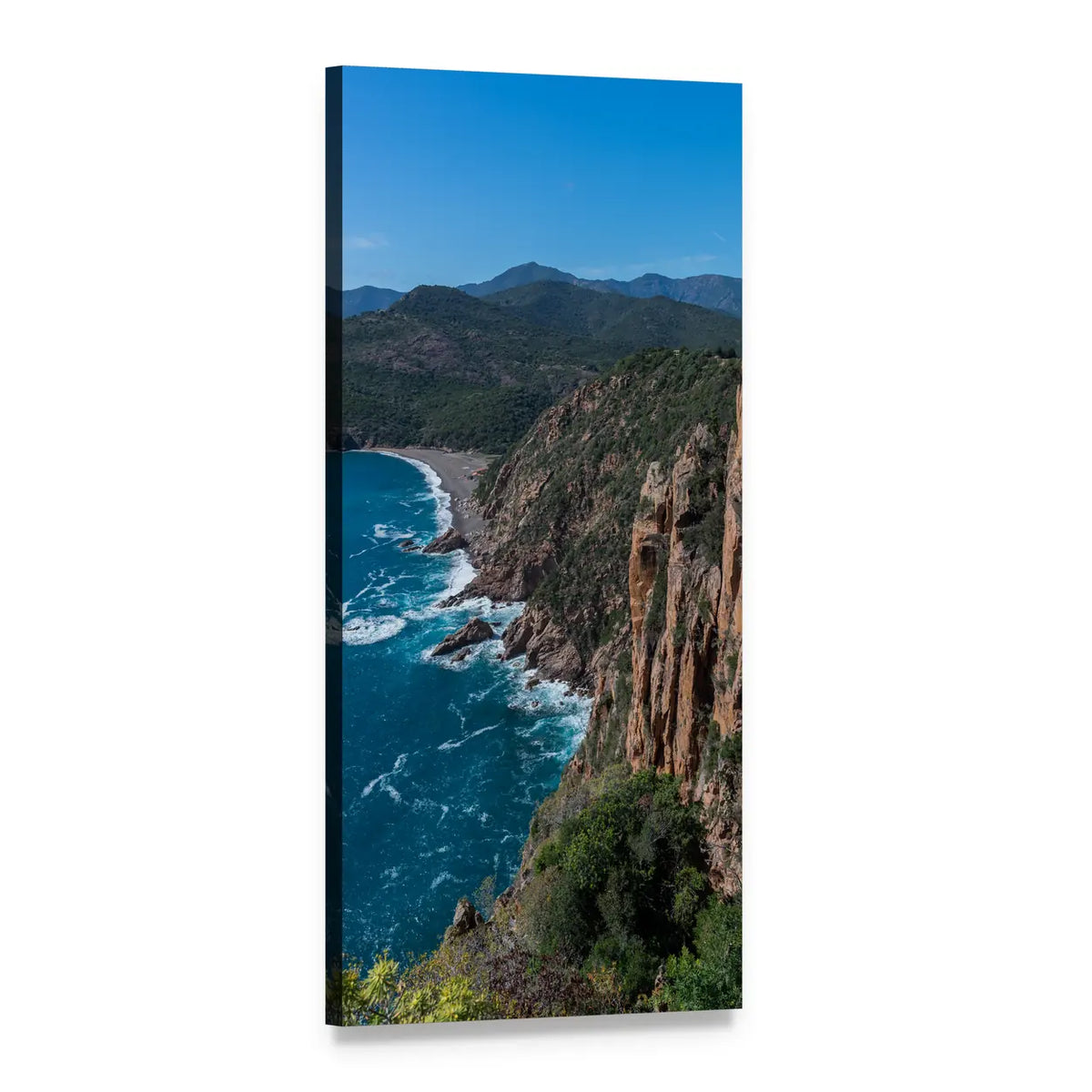 Coastal Cliffs and Beach Landscape Vertical Canvas Wall Art, 1 panel 1 Vertical layout gallery wrapped canvas set, angled product view