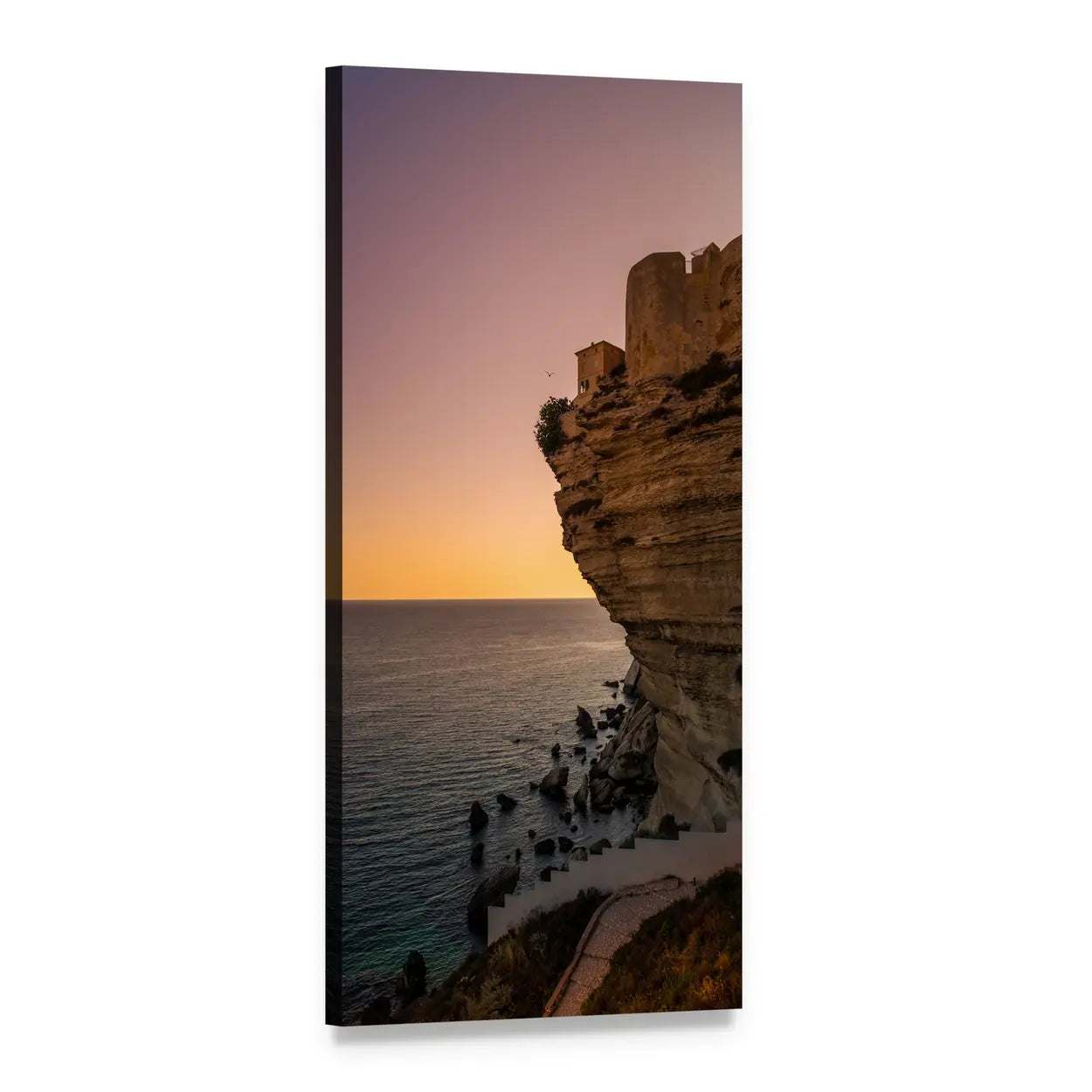 Stone Ruins on Coastal Cliff at Sunset Vertical Canvas Wall Art, 1 panel 1 Vertical layout gallery wrapped canvas set, angled product view