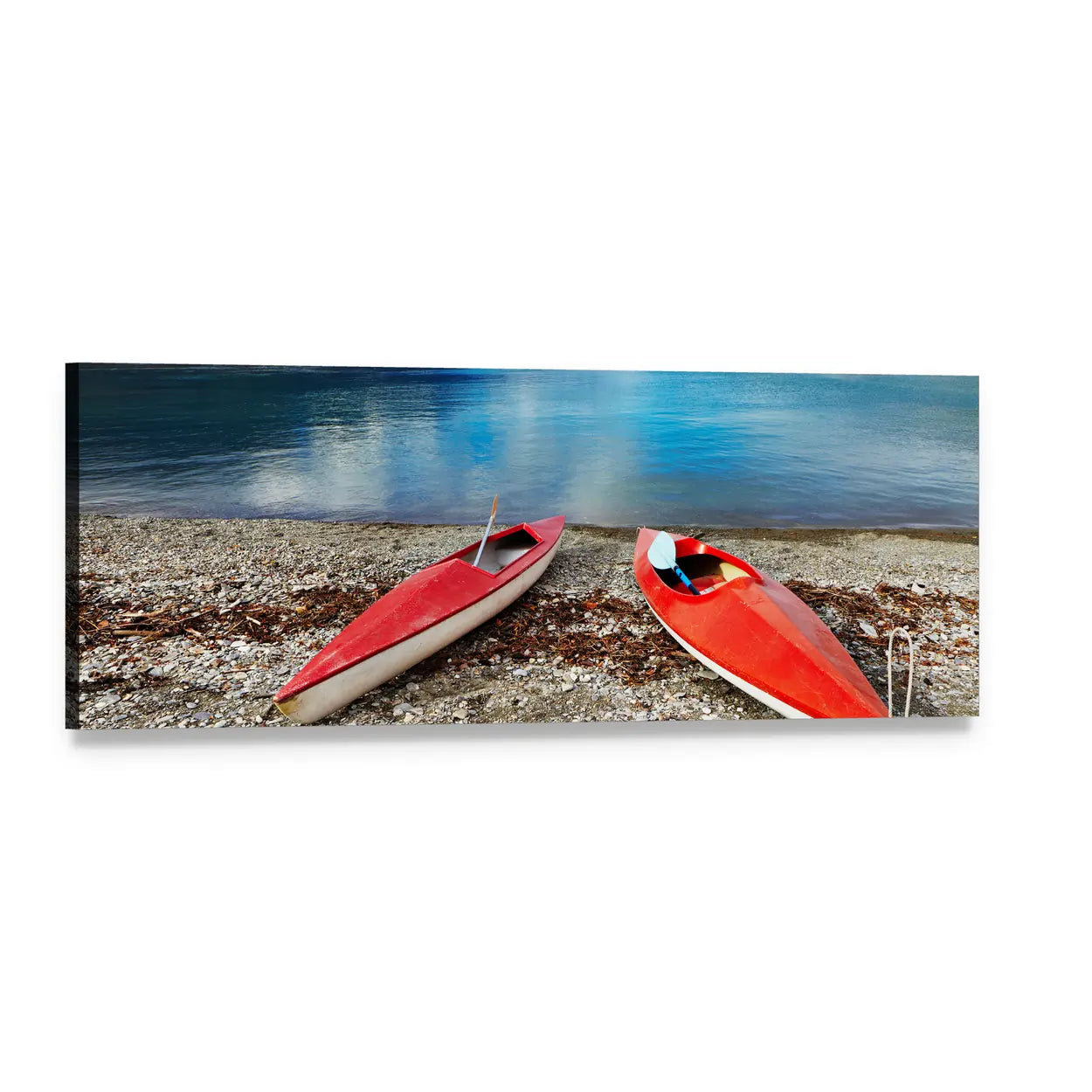Two Red Kayaks on Pebbly Shore Panoramic Canvas Wall Art, single panel gallery wrapped canvas, angled product view