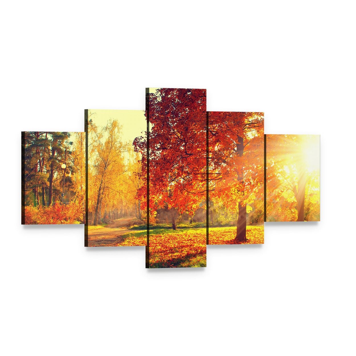 Colorful Autumn Morning Canvas Wall Art, 5 panel 5 Star layout gallery wrapped canvas set, angled product view