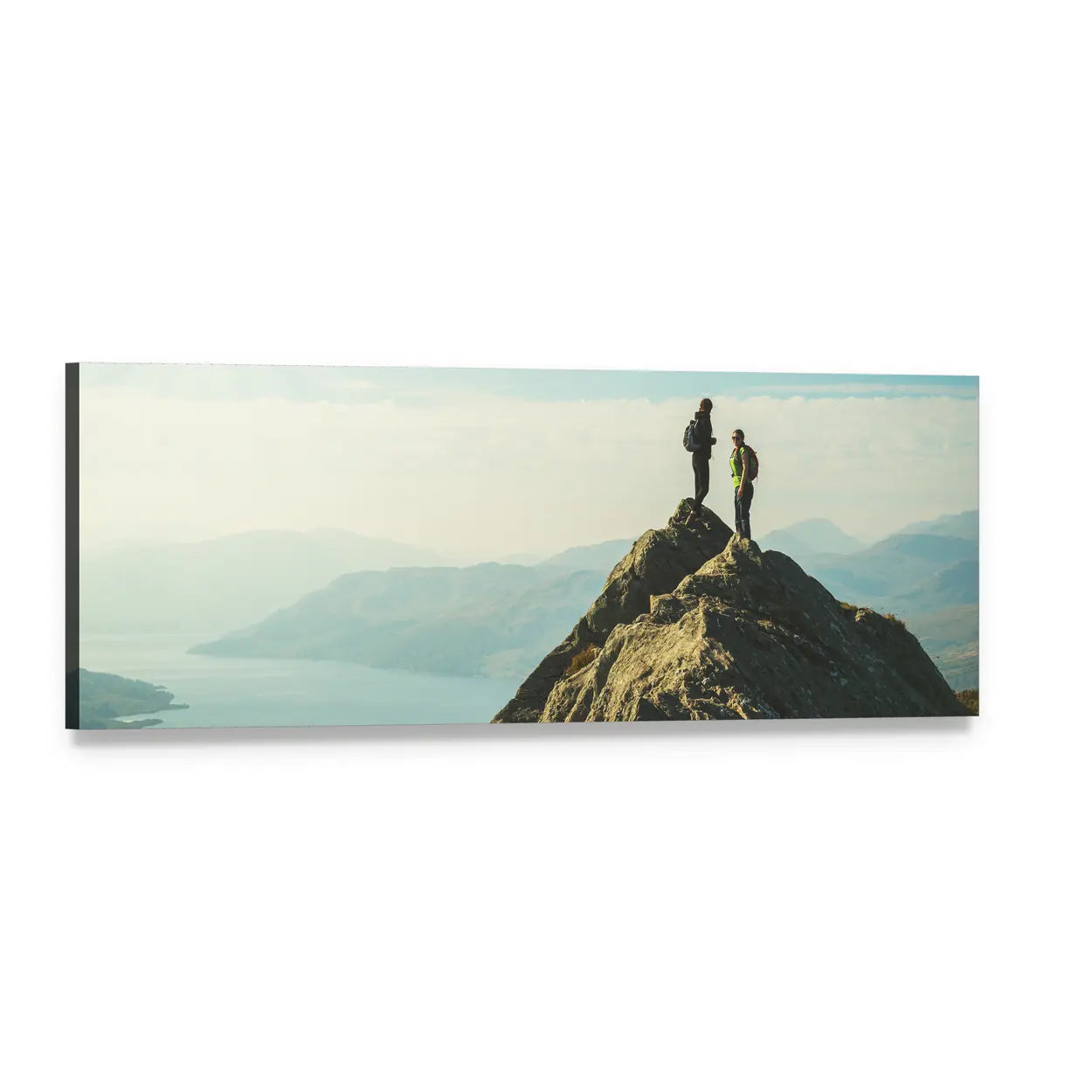 Hikers on Mountain Summit Over Lake Panoramic Canvas Wall Art, single panel gallery wrapped canvas, angled product view