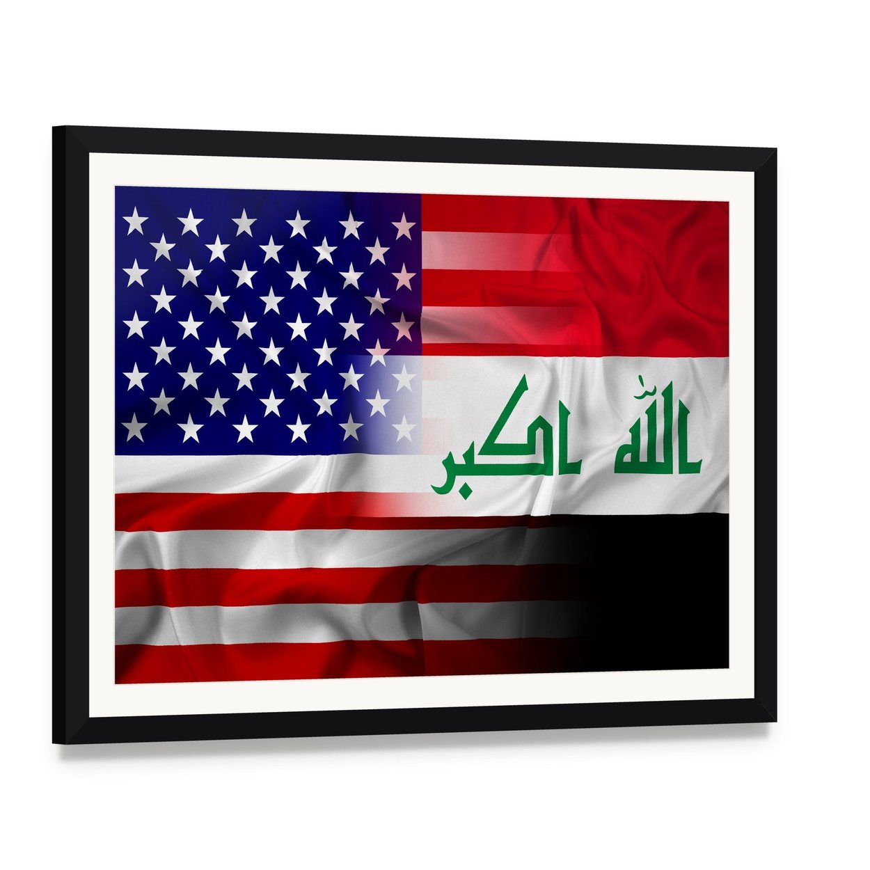 Waving Iraq and United States Flags Canvas Wall Art, framed print with white mat and black frame, angled product view