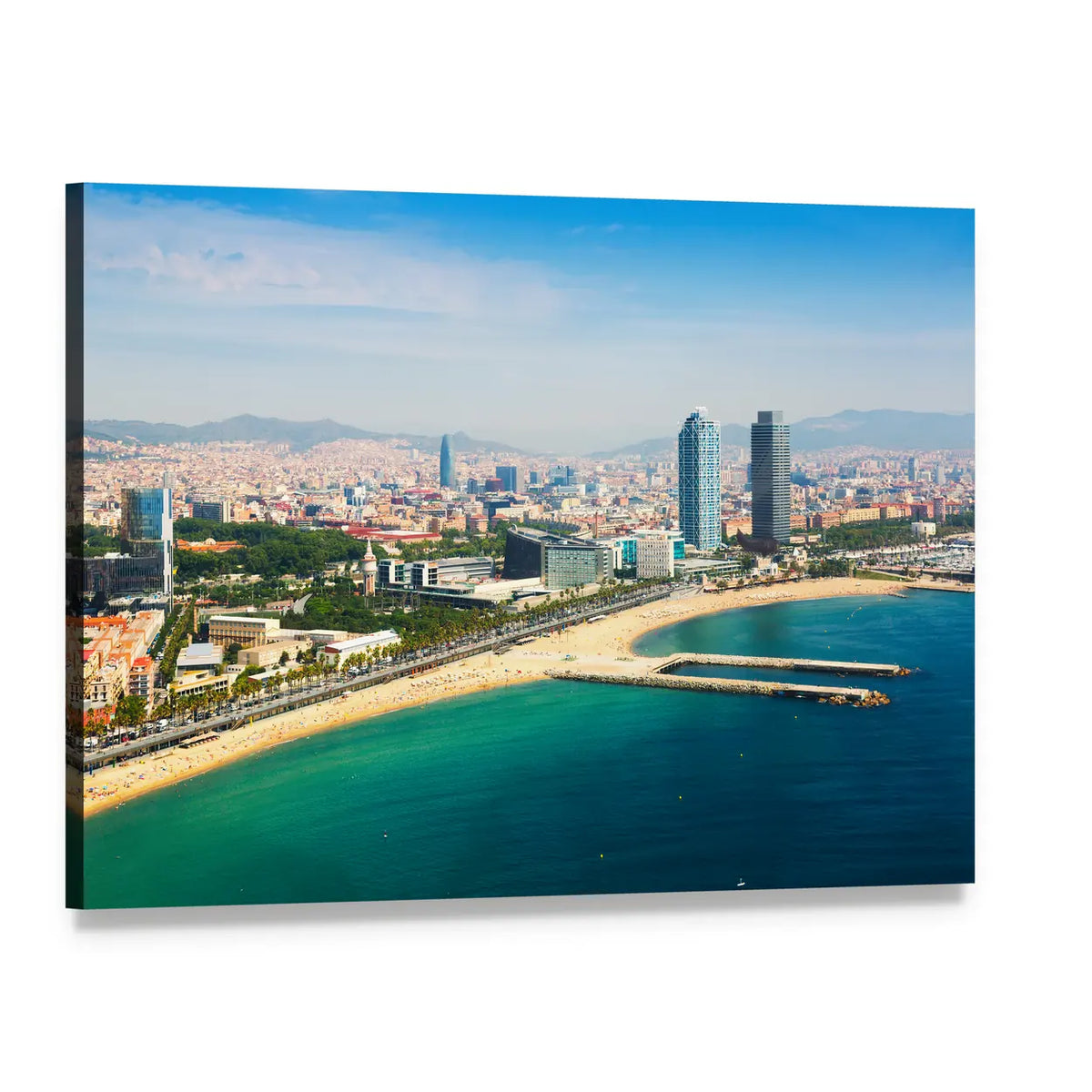 Barcelona Aerial with Beach and Twin Skyscrapers Canvas Wall Art, single panel gallery wrapped canvas, angled product view