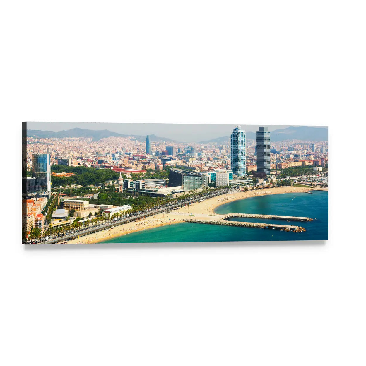 Aerial View of Barcelona Panoramic Canvas Wall Art, single panel gallery wrapped canvas, angled product view