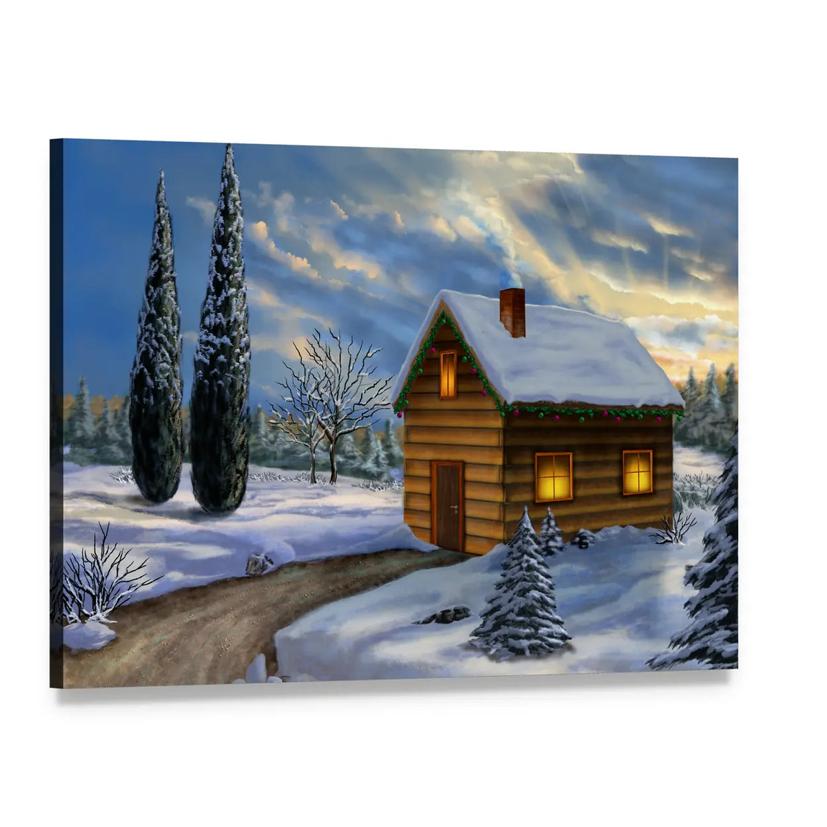 Snowy Wooden Cabin with Glowing Windows Canvas Wall Art, single panel gallery wrapped canvas, angled product view