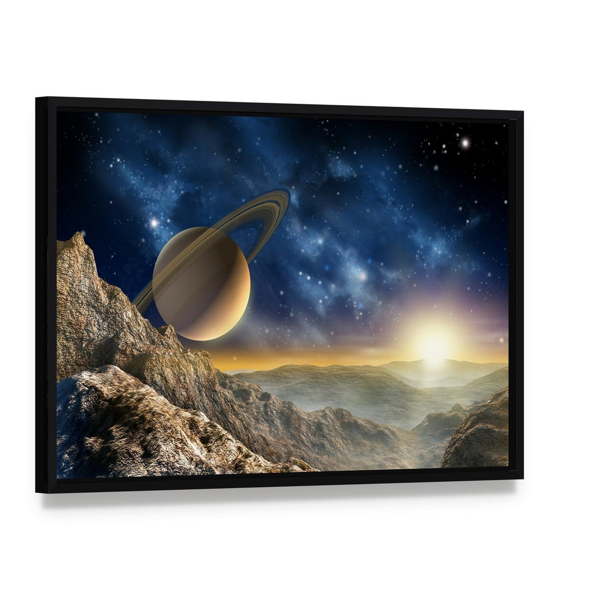 Spacescape Seen from Saturn Moon Canvas Wall Art, framed canvas in a black floater frame, angled product view