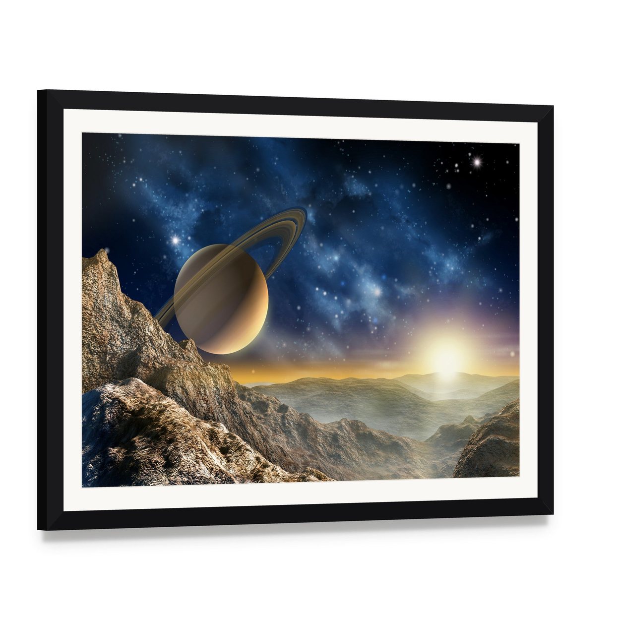 Spacescape Seen from Saturn Moon Canvas Wall Art, framed print with white mat and black frame, angled product view