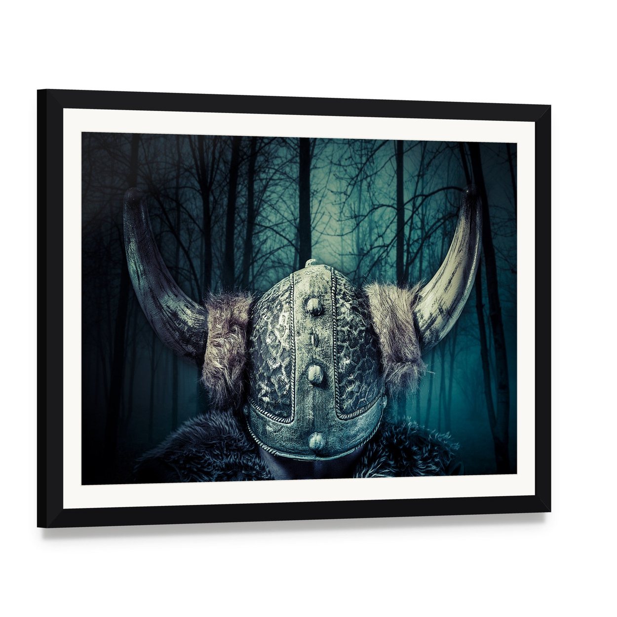 Viking Warrior with Ornate Horned Helmet Canvas Wall Art, framed print with white mat and black frame, angled product view