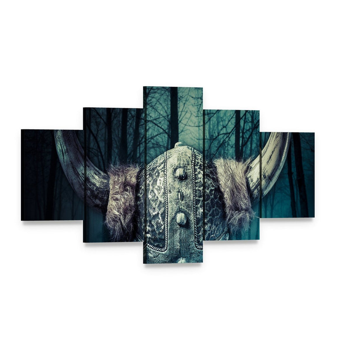 Viking Warrior with Ornate Horned Helmet Canvas Wall Art, 5 panel 5 Star layout gallery wrapped canvas set, angled product view