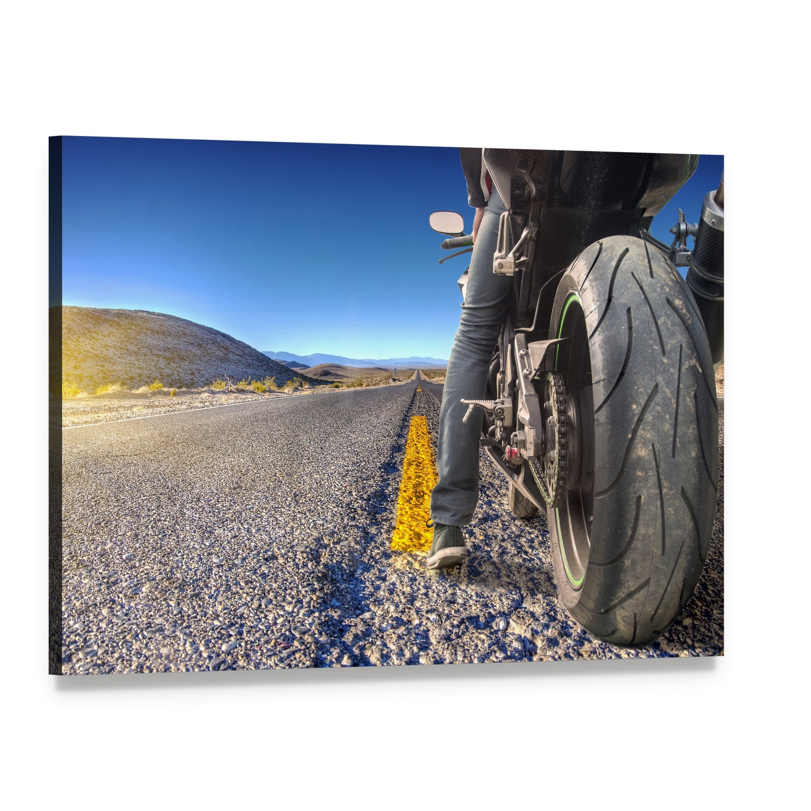 Motorcycle on Road Canvas Wall Art, single panel gallery wrapped canvas, angled product view