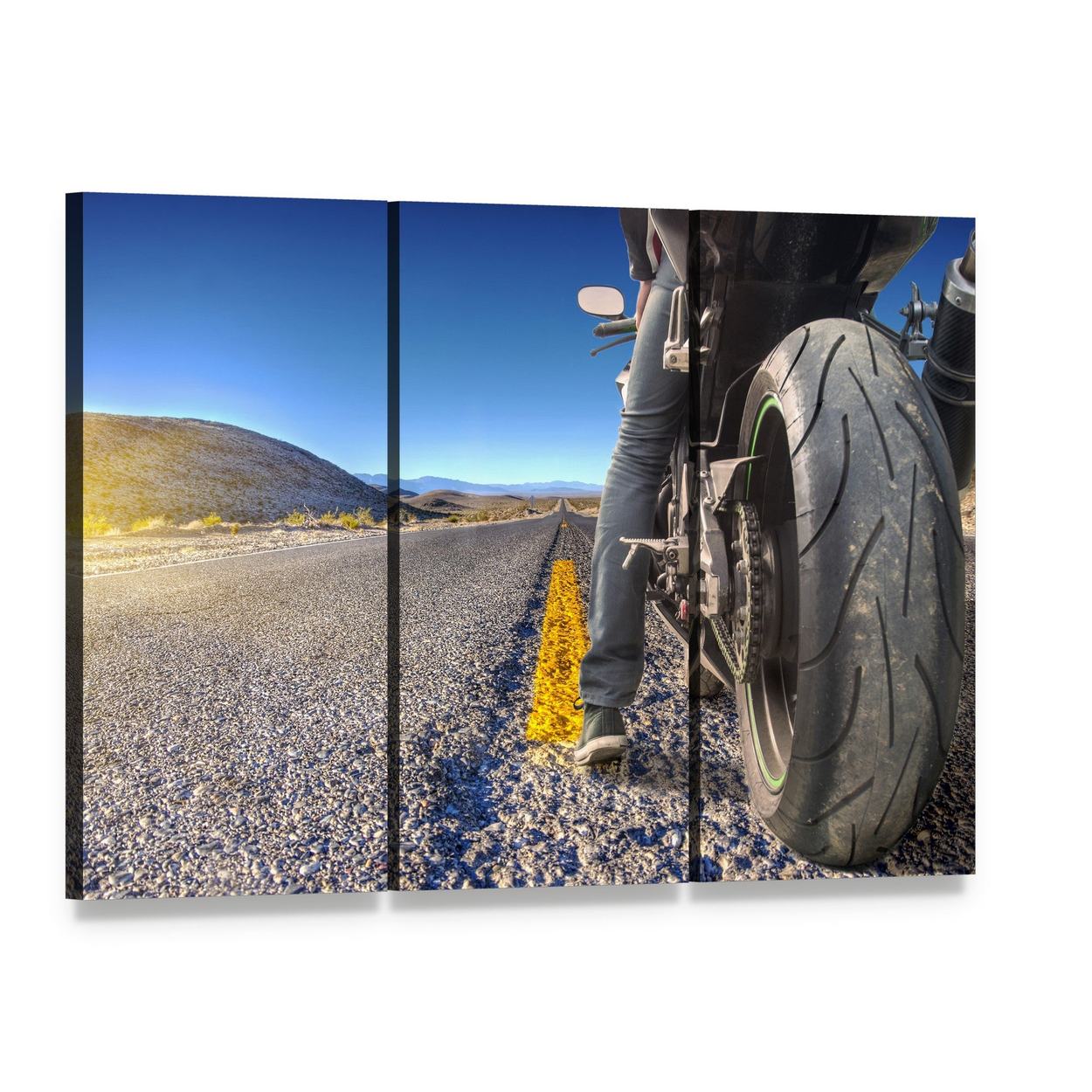 Motorcycle on Road Canvas Wall Art, 3 panel 3 Horizontal layout gallery wrapped canvas set, angled product view
