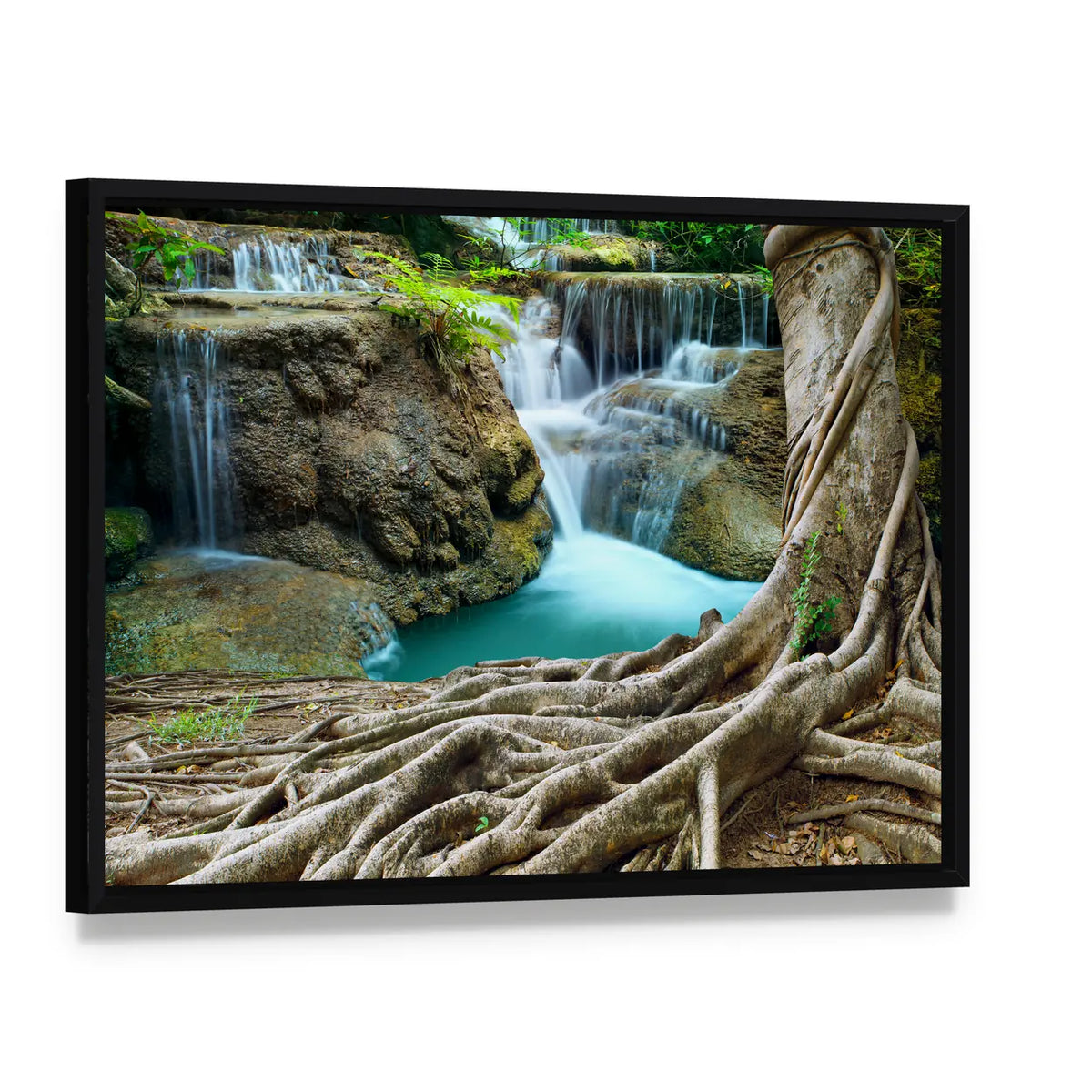 Limestone Waterfalls Canvas Wall Art, framed canvas in a black floater frame, angled product view