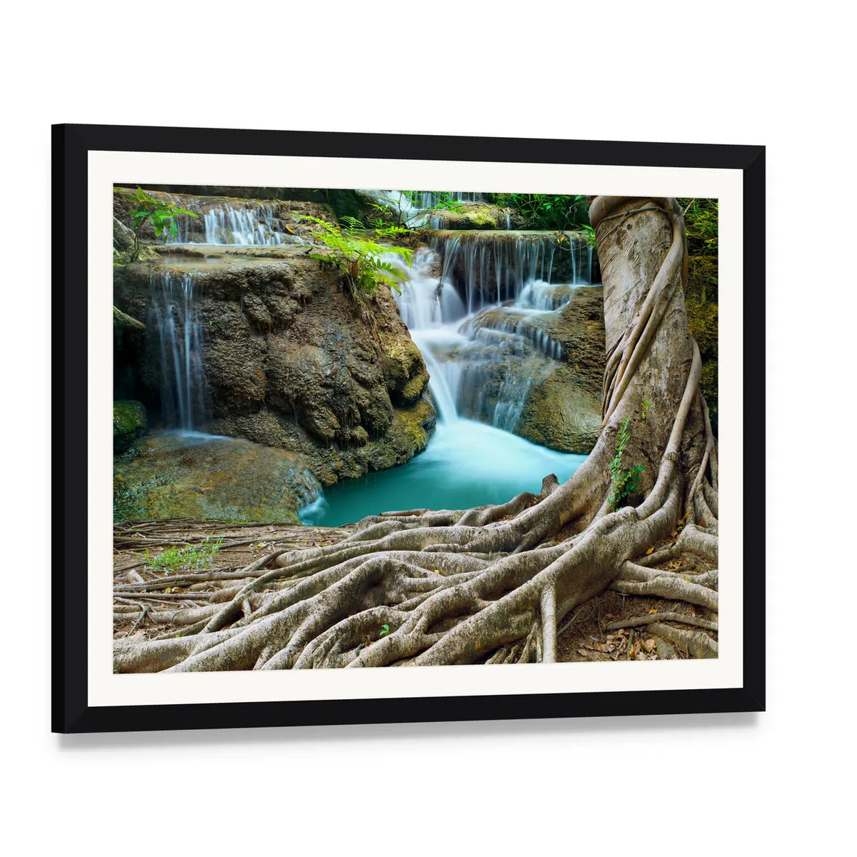 Limestone Waterfalls Canvas Wall Art, framed print with white mat and black frame, angled product view