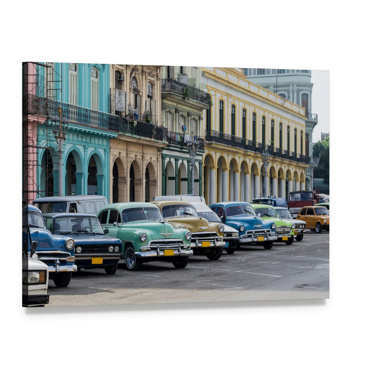 Vintage Car Street Scene in Colorful Havana Canvas Wall Art, single panel gallery wrapped canvas, angled product view