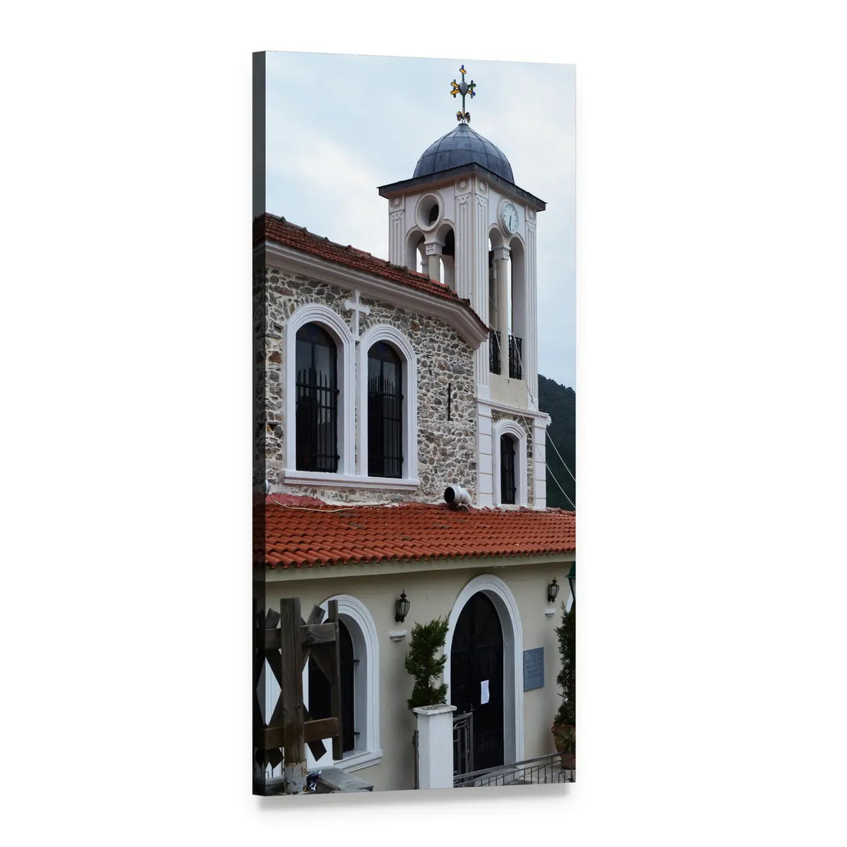 Greek Stone Church with Bell Tower Vertical Canvas Wall Art, 1 panel 1 Vertical layout gallery wrapped canvas set, angled product view