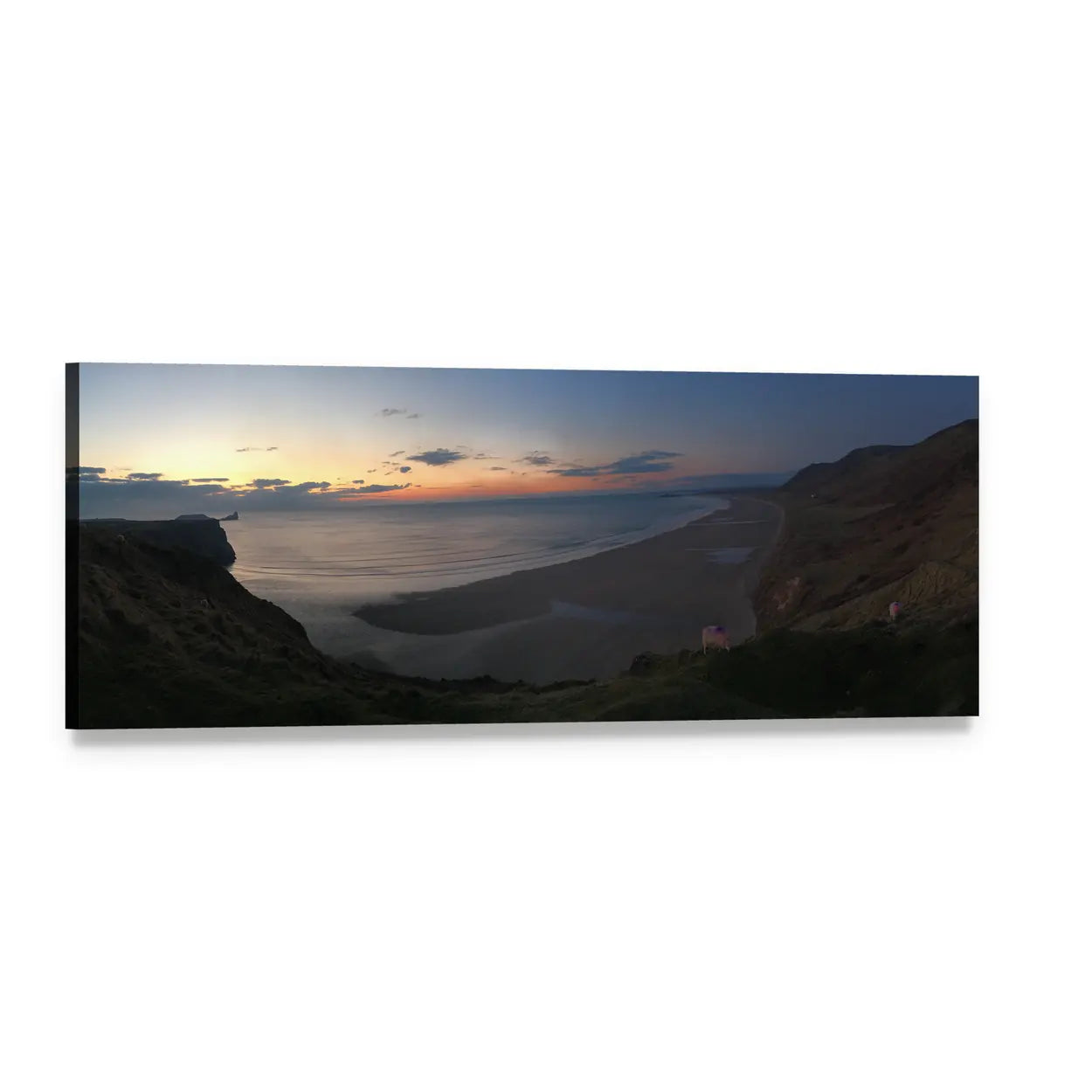 Sunset Over Sandy Beach Cliffs Panoramic Canvas Wall Art, single panel gallery wrapped canvas, angled product view