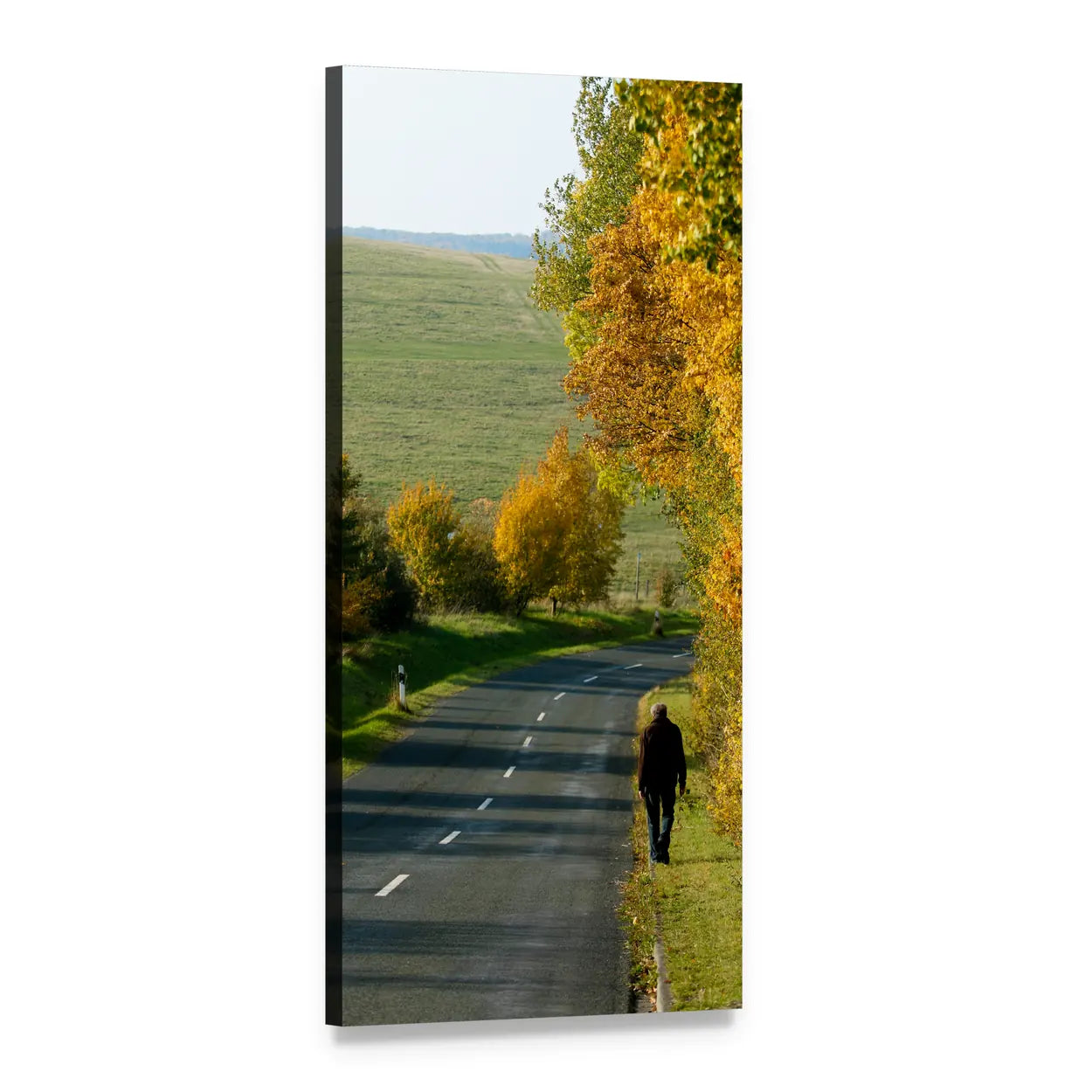 Person Walking on Tree-lined Autumn Road Vertical Canvas Wall Art, 1 panel 1 Vertical layout gallery wrapped canvas set, angled product view