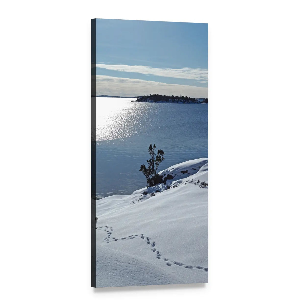 Stockholm Snowy Shoreline with Footprints Vertical Canvas Wall Art, 1 panel 1 Vertical layout gallery wrapped canvas set, angled product view