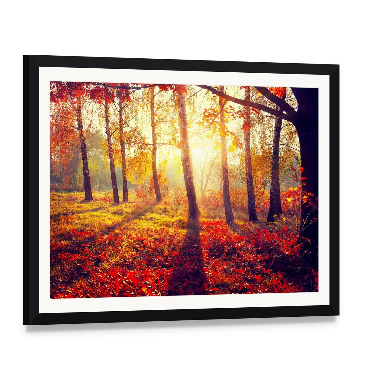 Autumn Trees with Sunbeams Canvas Wall Art, framed print with white mat and black frame, angled product view