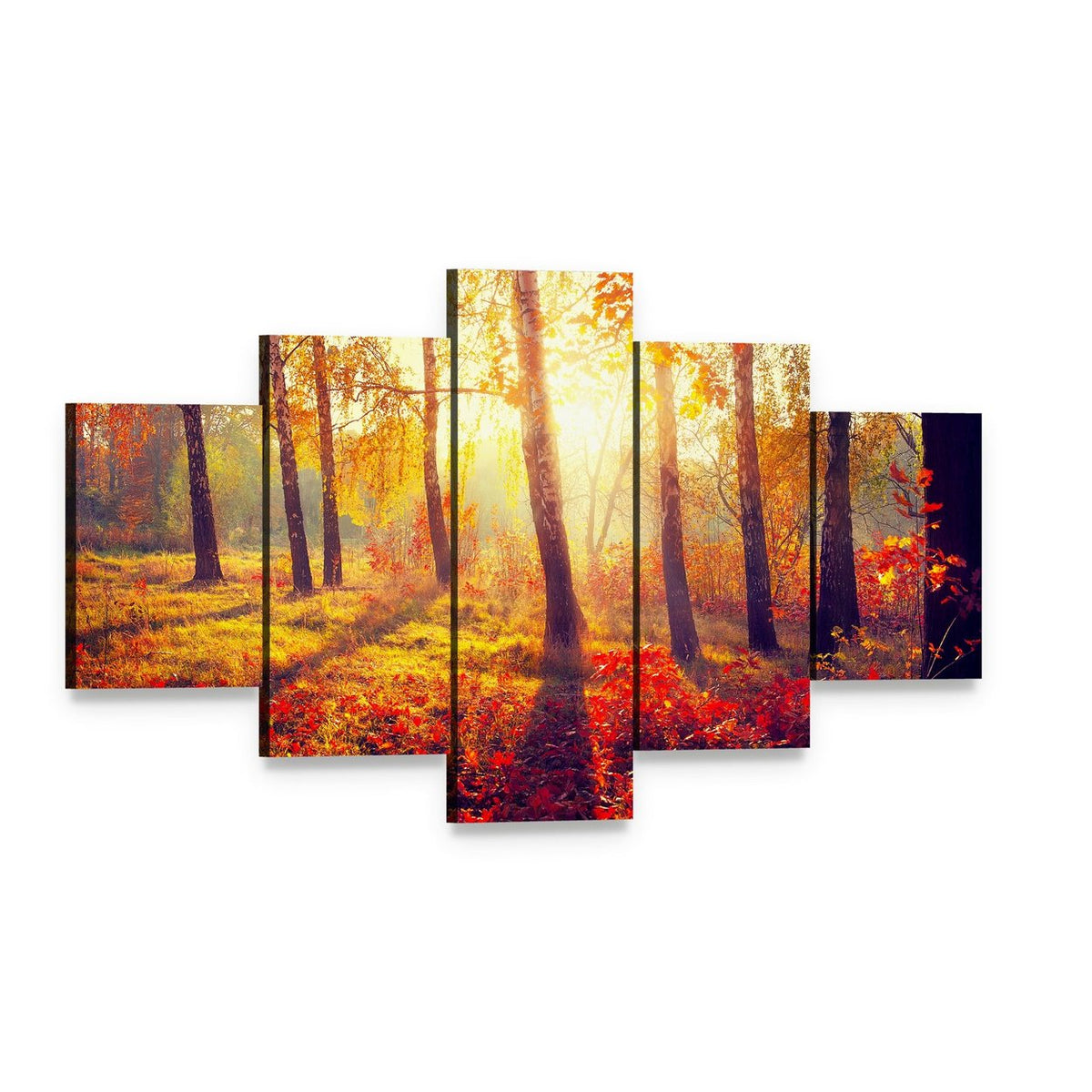 Autumn Trees with Sunbeams Canvas Wall Art, 5 panel 5 Star layout gallery wrapped canvas set, angled product view