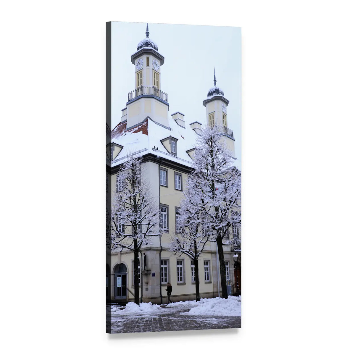 Twin Octagonal Clock Towers in Snow Vertical Canvas Wall Art, 1 panel 1 Vertical layout gallery wrapped canvas set, angled product view