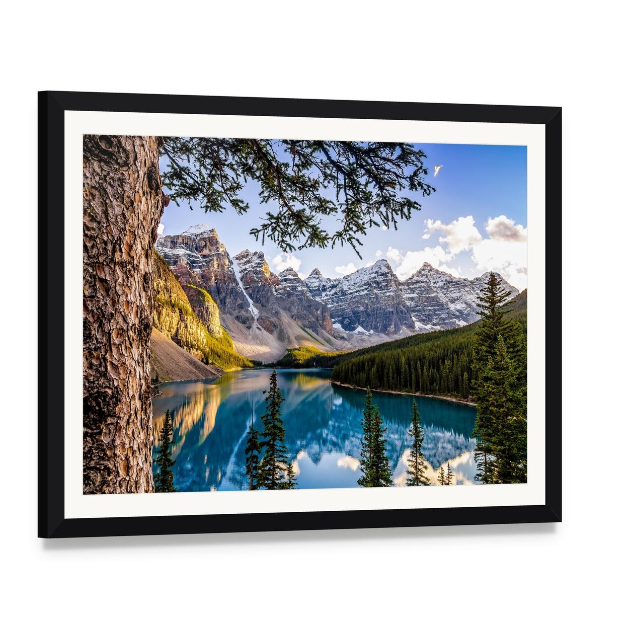 Moraine Lake Reflection with Snow-capped Mountains Canvas Wall Art, framed print with white mat and black frame, angled product view