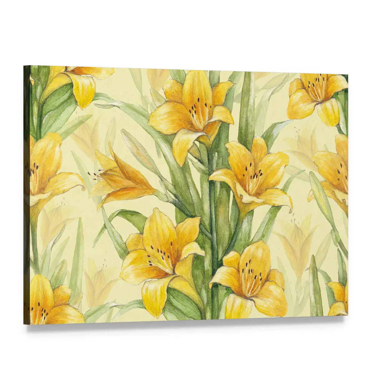 Yellow Lily Floral Pattern Canvas Wall Art, single panel gallery wrapped canvas, angled product view