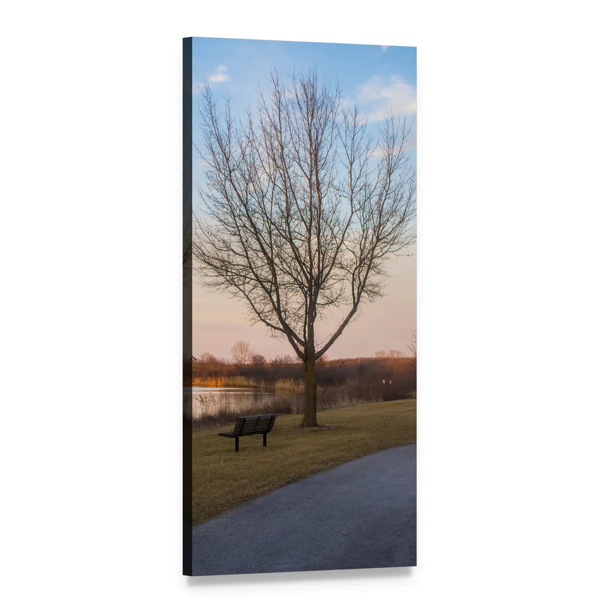 Solitary Park Bench at Sunset Vertical Canvas Wall Art, 1 panel 1 Vertical layout gallery wrapped canvas set, angled product view