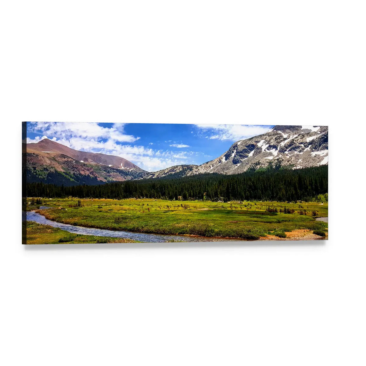 Colorado Alpine Meadow with Winding River Panoramic Canvas Wall Art, single panel gallery wrapped canvas, angled product view