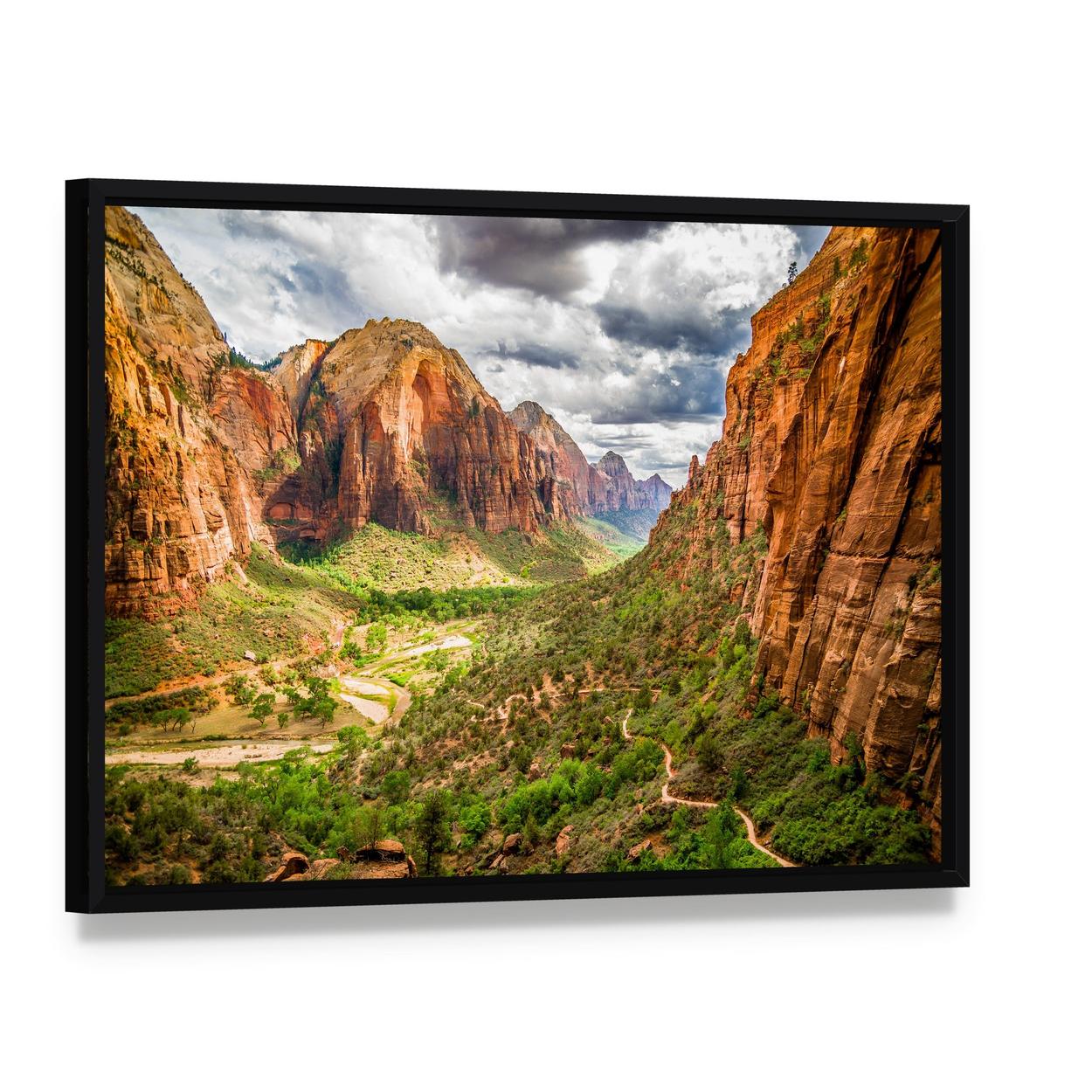 Zion National Park Mountain Valley with River Canvas Wall Art, framed canvas in a black floater frame, angled product view