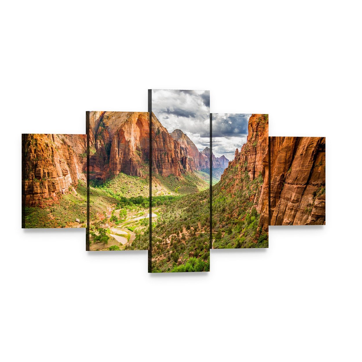 Zion National Park Mountain Valley with River Canvas Wall Art, 5 panel 5 Star layout gallery wrapped canvas set, angled product view
